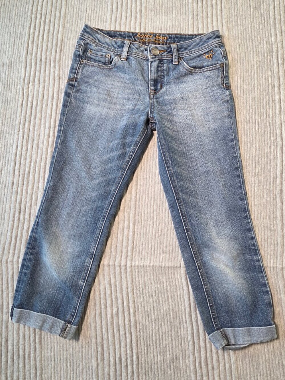 Justice Girls Size 12R Jeans Light Wash Stretch Denim Cuffed Hem